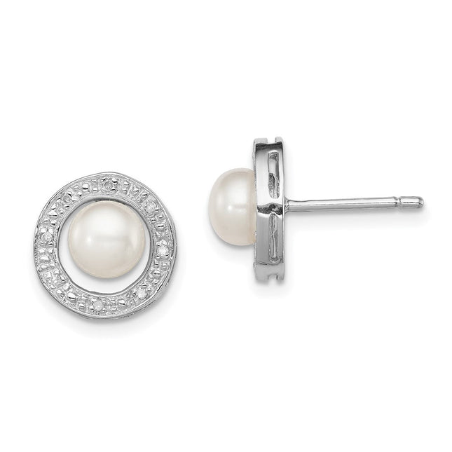 Sterling Silver Rhodium FW Cultured Pearl & Diamond Post Ear, 11 x 11mm