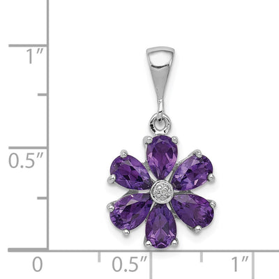 Sterling Silver Rhodium Plated Amethyst and Diamond Flower Pendant