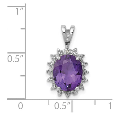 Sterling Silver Rhodium Plated Oval Amethyst and Diamond Pendant