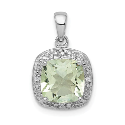Sterling Silver Rhodium Plated Green Quartz and Diamond Pendant, 17 x 11mm