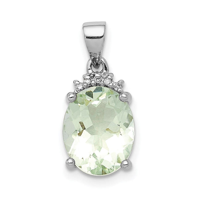 Sterling Silver Rhodium Plated Green Quartz and Diamond Pendant, 18 x 8mm