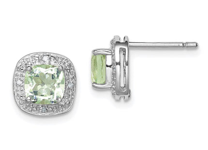 Sterling Silver Rhodium Plated Green Quartz and Diamond Earrings (Style QDX481)
