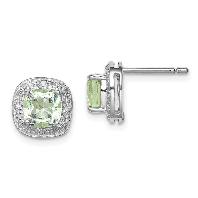 Sterling Silver Rhodium Plated Green Quartz and Diamond Earrings, 9 x 9mm