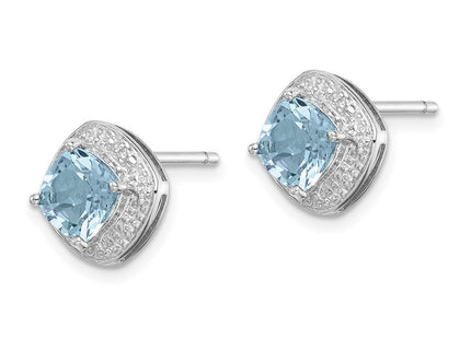 Sterling Silver Rhodium Plated Blue Topaz and Diamond Post Earrings (Style QDX521)
