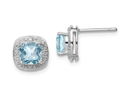 Sterling Silver Rhodium Plated Blue Topaz and Diamond Post Earrings (Style QDX521)