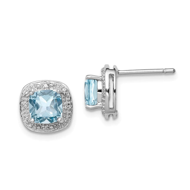Sterling Silver Rhodium Plated Blue Topaz and Diamond Post Earrings, 9 x 9mm