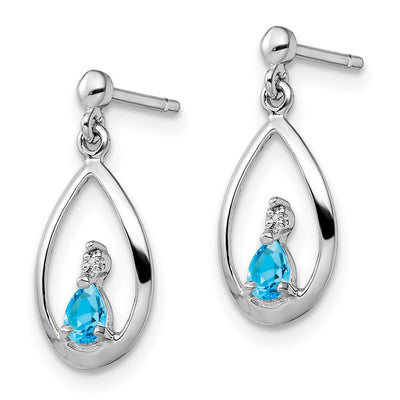 Sterling Silver Rhodium Plated Blue Topaz and Diamond Post Earrings, 19 x 8mm