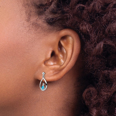 Sterling Silver Rhodium Plated Blue Topaz and Diamond Post Earrings, 19 x 8mm