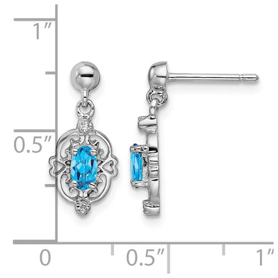 Sterling Silver Rhodium Plated Blue Topaz and Diamond Post Earrings, 17 x 7mm