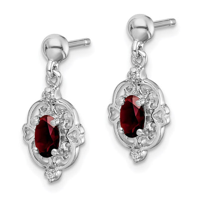 Sterling Silver Rhodium Plated Garnet and Diamond Post Earrings, 17 x 7mm