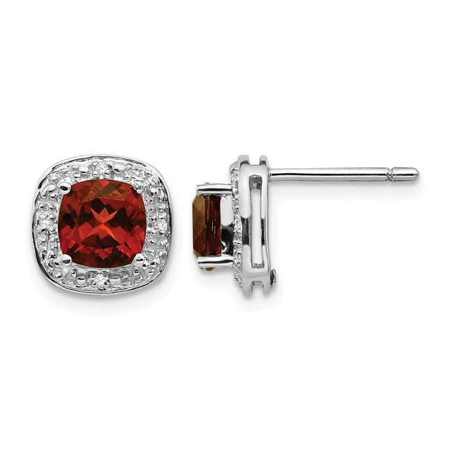 Sterling Silver Rhodium Plated Garnet and Diamond Post Earrings, 9 x 9mm
