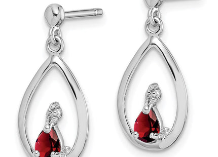 Sterling Silver Rhodium Plated Garnet and Diamond Post Earrings (Style QDX631)