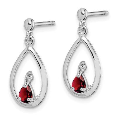 Sterling Silver Rhodium Plated Garnet and Diamond Post Earrings, 19 x 8mm