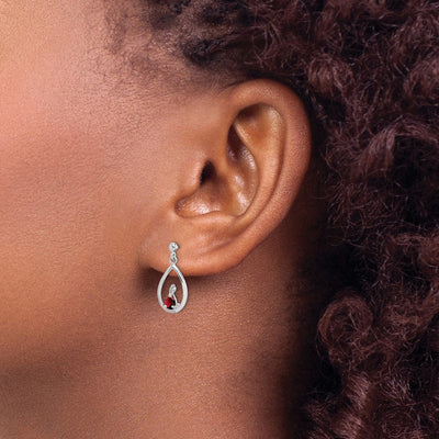 Sterling Silver Rhodium Plated Garnet and Diamond Post Earrings, 19 x 8mm