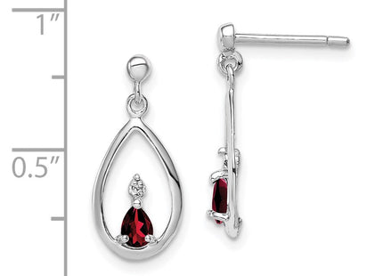 Sterling Silver Rhodium Plated Garnet and Diamond Post Earrings (Style QDX631)