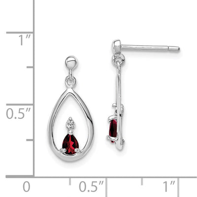 Sterling Silver Rhodium Plated Garnet and Diamond Post Earrings, 19 x 8mm