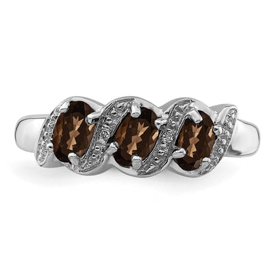 Sterling Silver Rhodium 3 Stone Smoky Quartz & Diamond Ring
