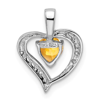 Sterling Silver Rhodium Heart Citrine & Diamond Heart Pendant