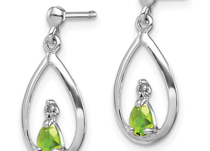 Sterling Silver Rhodium Plated Pear Peridot and Diamond Post Earrings (Style QDX826)
