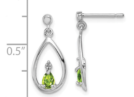 Sterling Silver Rhodium Plated Pear Peridot and Diamond Post Earrings (Style QDX826)