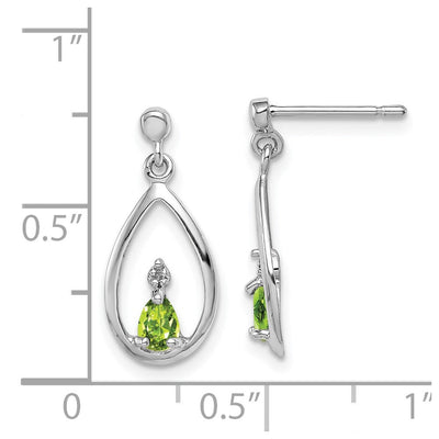 Sterling Silver Rhodium Plated Pear Peridot and Diamond Post Earrings, 19 x 8mm