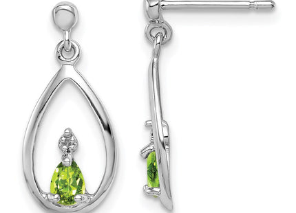 Sterling Silver Rhodium Plated Pear Peridot and Diamond Post Earrings (Style QDX826)