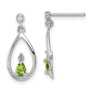 Sterling Silver Rhodium Plated Pear Peridot and Diamond Post Earrings (Style QDX826)