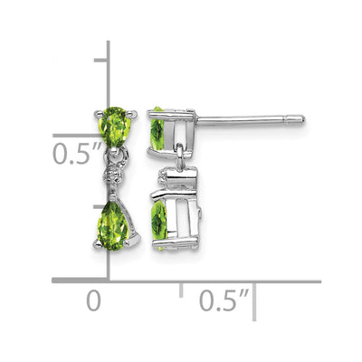 Sterling Silver Rhodium Plated Pear Peridot and Diamond Post Earrings, 13 x 4mm