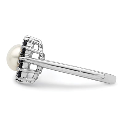 Sterling Silver Rhodium FW Cultured Button Pearl & Sapphire Ring