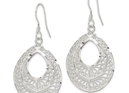Sterling Silver Polished Textured D/C Filigree Teardrop Dangle Earrings