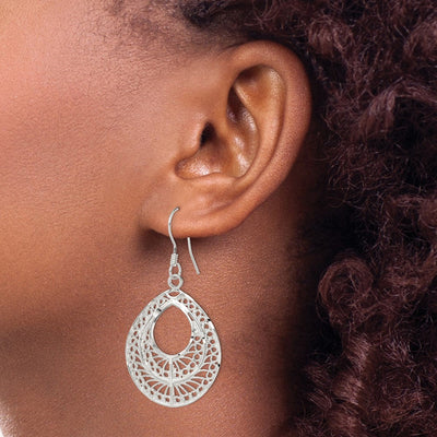 Sterling Silver Polished Textured D/C Filigree Teardrop Dangle Earrings, 44 x 25mm