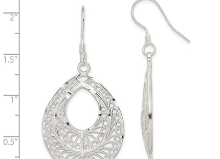 Sterling Silver Polished Textured D/C Filigree Teardrop Dangle Earrings
