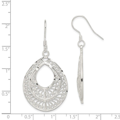 Sterling Silver Polished Textured D/C Filigree Teardrop Dangle Earrings, 44 x 25mm