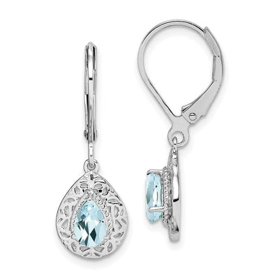 Sterling Silver Rhodium-plated Aquamarine Lever Back Earrings, 28 x 9mm