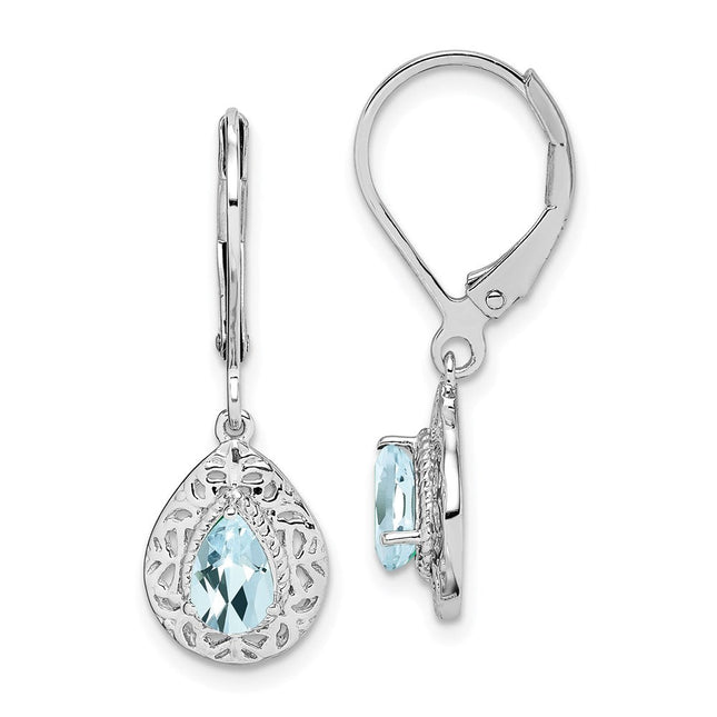 Sterling Silver Rhodium-plated Aquamarine Lever Back Earrings, 28 x 9mm