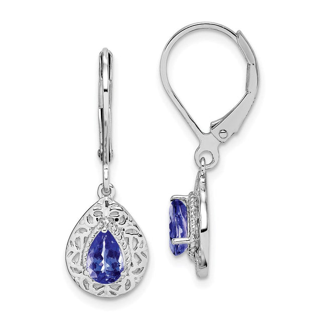 Sterling Silver Rhodium-plated Tanzanite Lever Back Earrings, 28 x 9mm