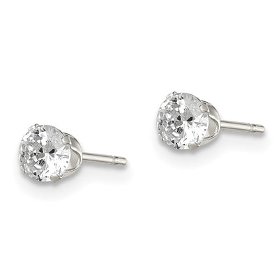 Sterling Silver Round Snap Set CZ Stud Earrings, 4 x 4mm