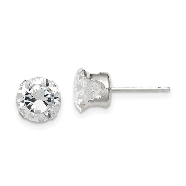 Sterling Silver Round Snap Set CZ Stud Earrings, 7 x 7mm