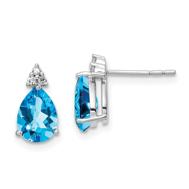 Sterling Silver Rhodium Plated Diamond and Blue Topaz Post Earrings, 11 x 6mm