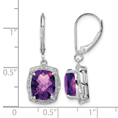 Sterling Silver Rhodium-plated Diamond and Amethyst Earrings, 30 x 12mm