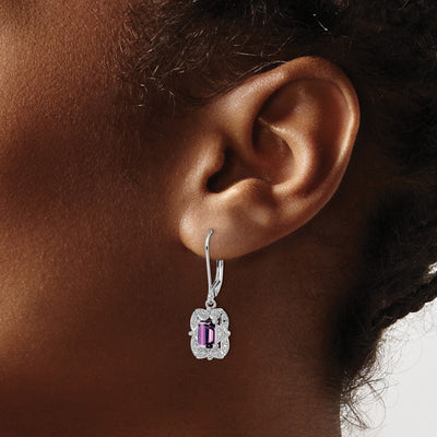Sterling Silver Rhodium-plated Diamond and Amethyst Earrings, 30 x 9mm