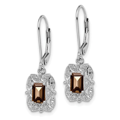Sterling Silver Rhodium-plated Diamond and Smoky Quartz Earrings, 30 x 9mm
