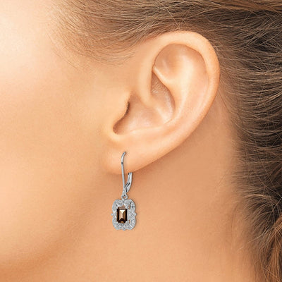 Sterling Silver Rhodium-plated Diamond and Smoky Quartz Earrings, 30 x 9mm