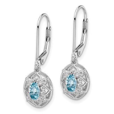 Sterling Silver Rhodium-plated Blue Topaz Diamond Earrings, 28 x 10mm