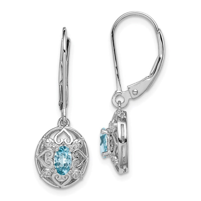 Sterling Silver Rhodium-plated Blue Topaz Diamond Earrings, 28 x 10mm