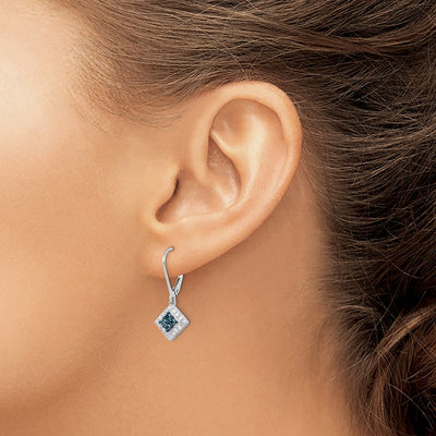 White Night Sterling Silver Rhodium-plated White and Blue Diamond Dangle Leverback Earrings