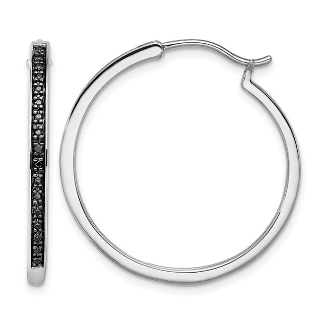 White Night Sterling Silver Rhodium-plated Black Diamond Hoop Earrings, 30 x 30mm