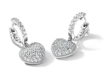 Sterling Shimmer Sterling Silver Rhodium-plated 86 Stone CZ Pav Heart Dangle Hinged Hoop Earrings