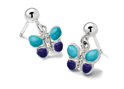 Sterling Silver Polished Blue & Purple Enameled Butterfly Children's Post Dangle Earrings
