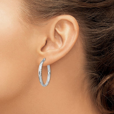 Sterling Silver Rhodium-plated Textured Round Hoops, 33 x 2.5mm